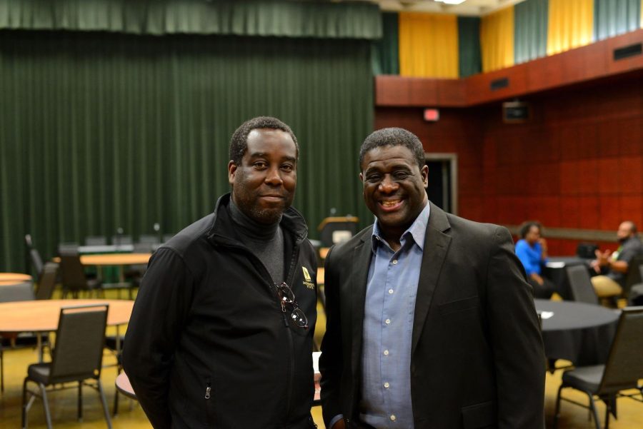 (L - R) Dr. Bena Arao, the senior director for resource management of Business and Administrative Services, and speaker Jerry L. Blake, Education Opportunity Program senior lead and male empowerment coordinator, at the Black Professional Speed Mixer hosted in Sacramento State’s University Union Tuesday, Feb. 21, 2023. The Male Empowerment Collaborative is designed to work with other support and academic enhancement programs, rather than compete with them.