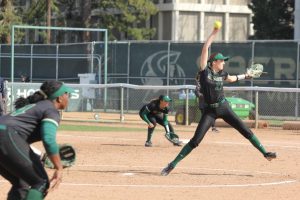 Junior pitcher Savannah Wahl throws a pitch on the mound at Shea Stadium on Friday, March 3, 2023.. Wahl transferred from Butte community college in Oroville, California to Sacramento State this year. 