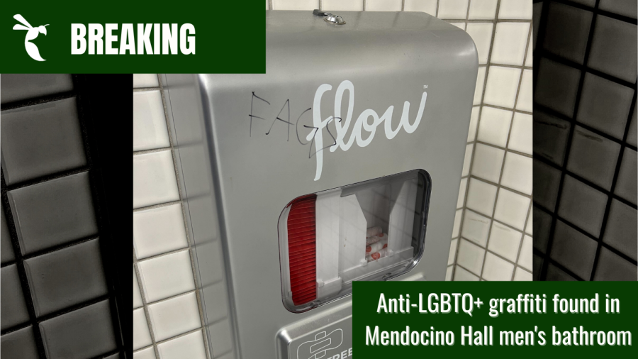 Anti-LGBTQ+ graffiti written on a FLOW menstrual product dispenser in the men’s bathroom in Mendocino Hall Monday, March 13, 2023. A statement was sent to The State Hornet from Sacramento State denouncing the graffiti. (Photo by Erick Salgado, Graphic in Canva by Emma Hall).
