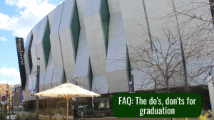 The Golden 1 Center on Wednesday, March, 8, 2023. Golden 1 is the anticipated designation for Sacramento State’s commencement ceremonies, spanning from May 19-21. (Photo by Jacob Peterson, Graphic made in Canva by Tierra Tilby).