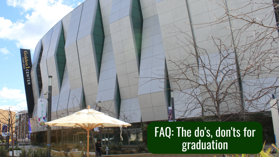The Golden 1 Center on Wednesday, March, 8, 2023. Golden 1 is the anticipated designation for Sacramento State’s commencement ceremonies, spanning from May 19-21. (Photo by Jacob Peterson, Graphic made in Canva by Tierra Tilby).
