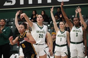 FILE: Sophomore guard Katie Peneueta shoots a three-pointer against Northern Arizona at The Nest Thursday Feb. 9, 2023. After Monday’s win, the Hornets need one more to go to their first ever Big Sky Championship game in school history. 