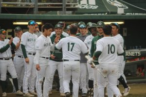 Senior first baseman Martin Vincelli-Simard celebrates with his team after hitting a home run at John Smith Field Wednesday, March 22, 2023. Vincelli-Simard’s two-run blast put the Hornets on the board in the bottom of the first inning en route to a 7-6 win over San Jose State.