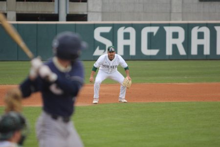 Junior third baseman Jorge Bojorquez gets into a defensive position for an at bat versus UC Davis Tuesday, March 7, 2023. Sac State got its first win of the year over the rival Aggies, 9-6. 