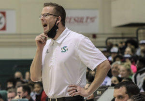 Head coach Mark Campbell yells offensive plays to his team against San José State on Sunday, Nov. 14, 2021. Campbell accepted the job of Texas Christian University head coach Tuesday after two seasons at Sac State.