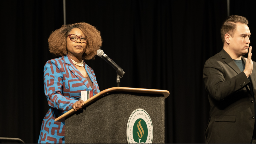 Dr.+Mia+Settles-Tidwell%2C+vice+president+and+chief+diversity+officer+for+the+Division+of+Inclusive+Excellence%2C+gave+opening+remarks+at+the+Anti-racism+%26+Inclusive+Campus+Plan+symposium+in+the+University+Union+Tuesday%2C+March+28%2C+2023.+She+urged+attendees+to+engage+in+learning+and+discovery+at+the+event+in+an+effort+to+develop+solutions+to+problems+affecting+marginalized+groups+on+campus.+