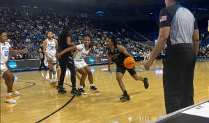 Freshman forward Solape Amusan sets a screen for senior guard Kahlaijah Dean on Saturday March 18, 2023 at Pauley Pavilion in Los Angeles, CA. The pair combined for 16 points in the Hornets season-ending loss.