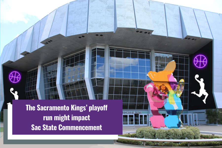 The Golden 1 Center, and the precarious location for Sacramento States spring commencement, in downtown Sacramento on March 8, 2023. If the Sacramento Kings make the NBA Western Conference Finals, Sacramento State will be forced to move locations for its commencement, likely to Hornet Stadium. (Photo by Jacob Peterson, Graphic made in Canva by Tierra Tilby).