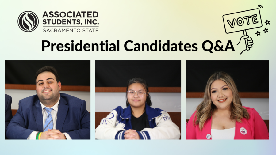 (L-R) Associated Students, Inc. presidential candidates Adoreil Ayoubgoulan, Emilie Jocson Nataly Andrade-Dominguez  in The State Hornet studio March 31, 2023. The candidates have been campaigning since March 28 and Sacramento State students can vote in the University Union or the ASI website April 12-13. (Photos and graphic created in Canva by Alyssa Branum) 