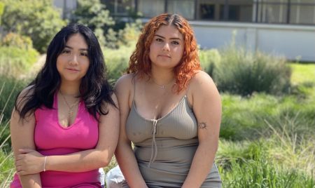 (L-R) First-year biochemistry student Danna Ruiz and first-year criminal justice major Andrea Barriga outside Douglas Hall Tuesday, April 11, 2023. They said since recent reports of sexual assaults on campus, they are more aware of their surroundings and prefer to walk in groups.  