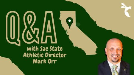 Sac State’s Athletic Director Mark Orr answers questions about the hiring process for new coaches and about rebuilding athletic programs. Orr has had to replace two Sac State coaches since November. (Photo courtesy of Sac State Athletics, Graphic created in Canva by Jack Freeman)