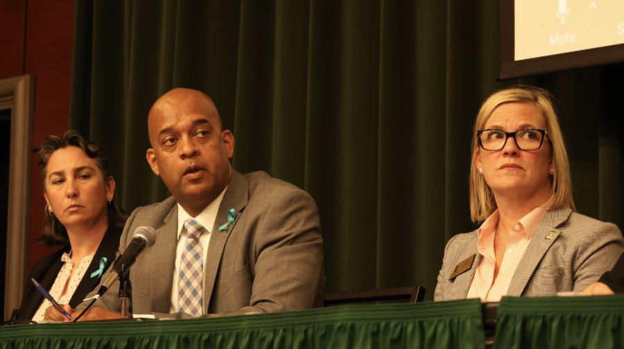 (L-R) Deputy Chief Christine Lofthouse, Police Chief Chet Madison and the President Office’s Chief of Staff Sarah Billingsley listening to students share their experience with sexual assault. Madison said Sac State is a “safe campus” adding that he’s dedicated to making students safe.