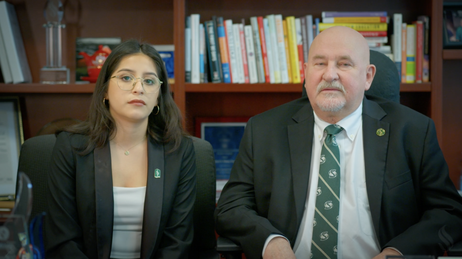 (L-R) Associated Students, Inc. President Salma Pacheco next to Sac State President Robert Nelsen in a SacSend video addressing antisemitism on campus Friday, April 7, 2023. In the video, Pacheco and Nelsen apologized for the antisemitic gesture at KSSU and a failed bias reporting process. 