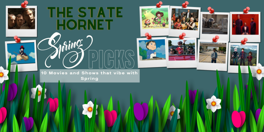 Screencaps from the various works featured in The State Hornet Spring Picks. (Images courtesy of Universal Pictures, Studio Ghibli, Disney+, Fuji TV, NBC, Paramount Pictures, Open Road Films, Fox Searchlight Pictures and Netflix. Graphic made in Canva by Ryan Ascalon)
