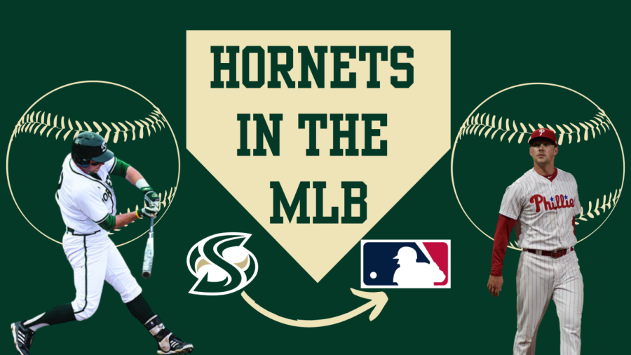 Rhys Hoskins swings at a pitch in his Sacramento State uniform and stands on the right in his Philadelphia Phillies attire. Hoskins is just one of four former Sac State players to find themselves on a MLB 40-man roster this season. (Photo: State Hornet and Ian D’Andrea [Flikr], Graphic made in Canva by Jack Freeman)