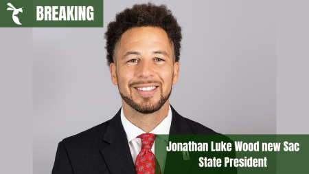 Jonathan Luke Wood will take over as Sacramento State President on June 16, according to an email from the Office of the Chancellor, Wednesday, May 24, 2023. Wood is a Sac State alumnus, having earned his bachelors in Black history and politics. Photo of Wood courtesy of the CSU. Graphic created in Canva.