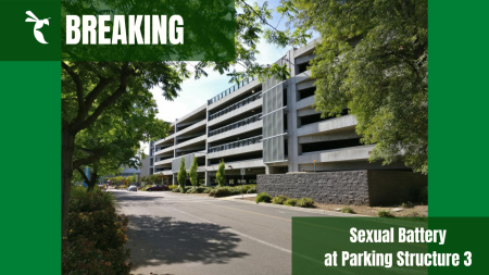 Parking Structure 3 located across from the Sacramento State Police Department at Sac State Tuesday, May 8, 2018. An occurrence of sexual battery at the structure was reported to campus police May 12, 2023. (Graphic made in Canva by Chris Woodard)