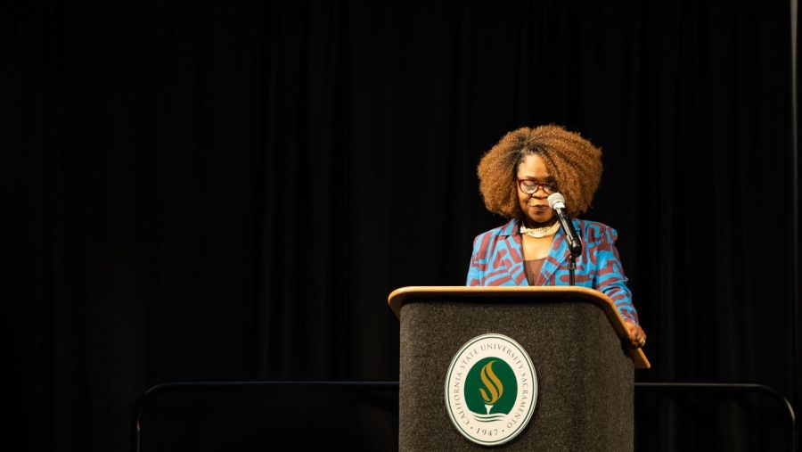 Mia Settles-Tidwell, the vice president for Inclusive Excellence, speaking at the Antiracism and Inclusive Campus Plan Spring Symposium in the University Union Tuesday, March 28, 2023. As the head of the Divison of Inclusive Excellence, Settles-Tidwell outlined the bias reporting tool process. 