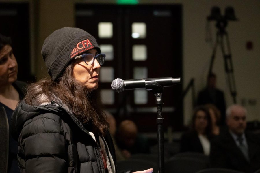 Sacramento State’s California Faculty Association Chapter President Margarita Berta-Avila speaks at the presidential search committee forum February 3, 2023. CFA is concerned about not being consulted when Sac State started their contract with TimelyMD.
