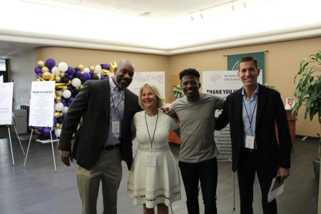 (L-R) Dr. Greg B. Shaw, Dr. Joyce Mikal-Flynn, Charles Clark and Dr. Robert Pieretti at the Posttraumatic Growth conference in the Harper Alumni Center April 29, 2023. Clark was the keynote speaker for the conference put on by the Health and Human Services Department. 