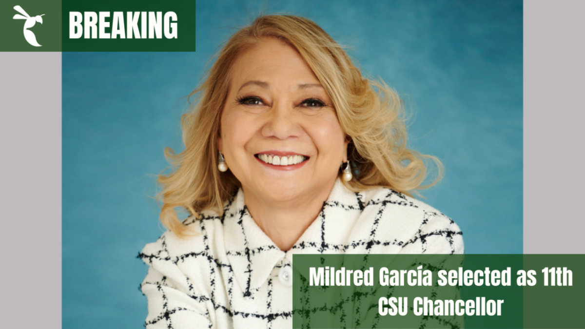 Mildred García will be the 11th Chancellor of the CSU following an open session of the board, Wednesday, July 12, 2023. García has served as president of CSU Fullerton and CSU Dominguez Hills. (Graphic created in Canva by Jacob Peterson, photo courtesy of calstate.edu)