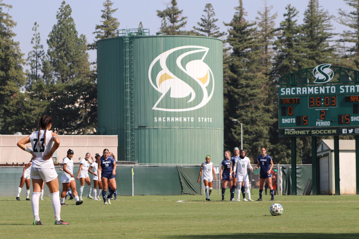 Sac State sophomore midfielder Madelyn Dougherty lines up for a free kick Friday, Sept. 22, 2023. Dougherty has one goal on the season coming against Hawaii Pacific.