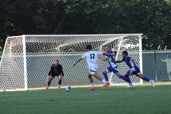 Sac State senior forward Michael Gonzalez lines up to take a shot against San José State Friday, Sept. 22, 2023. Gonzalez recorded two shots in 28 minutes of play.