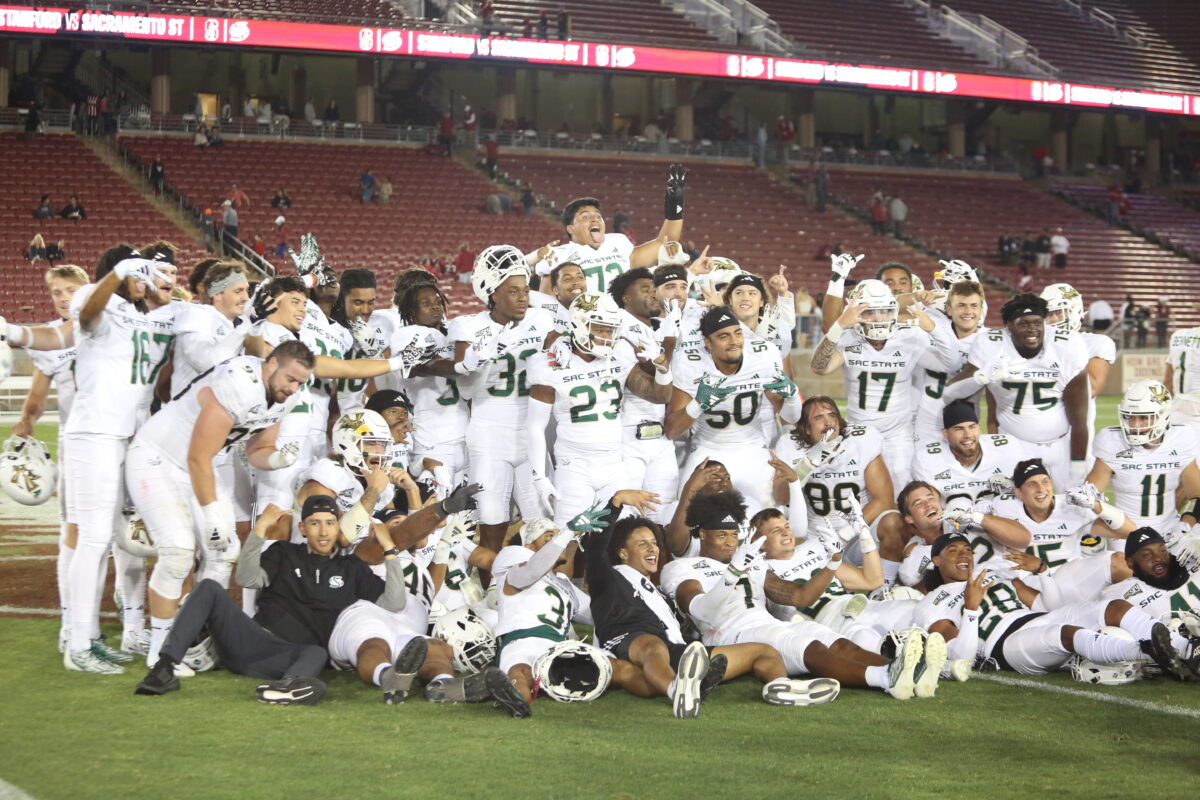 Sacramento State celebrates their win after beating Stanford 30-23 at Stanford Stadium on September 16th, 2023. The Hornets move on to 3-0 on the season after their revenge game against Troy Taylor.