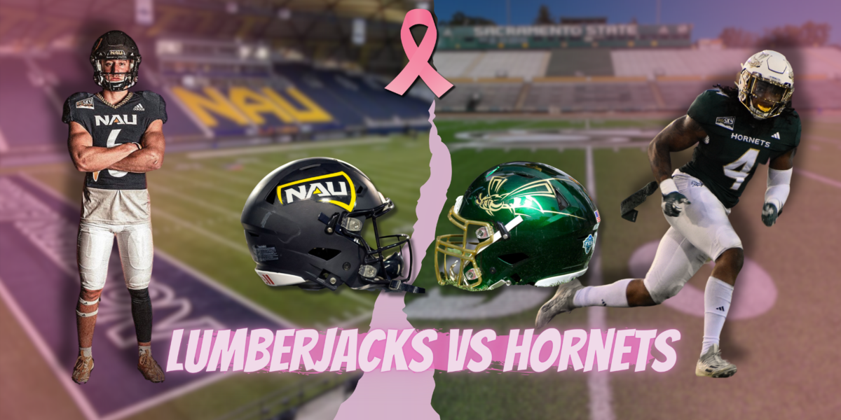 Sac State is hosting Northern Arizona for their second home game of the season on Sept. 30, 2023 at 6 p.m. This game is Sac State’s pink out game, where fans are encouraged to wear pink in support of breast cancer awareness. (Photos courtesy of NAU Athletics and James Fife, graphic made in Canva by Siany Harts)