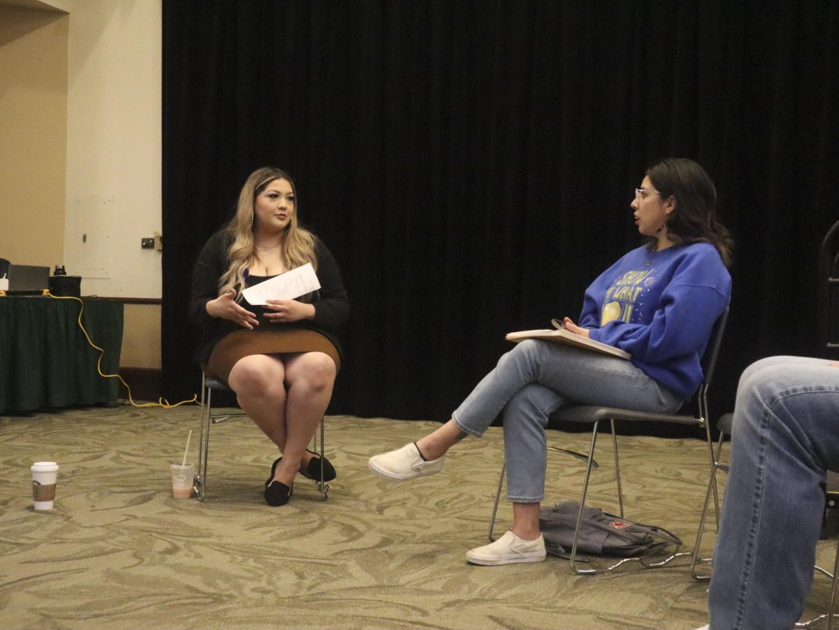 (L-R) Associated Students Inc. President Nataly Andrade-Dominguez listens to Jennifer Gomez, a fourth-year communications student, talk about Sacramento States Veterans Success Center during the second 100 Days of Listening forum Monday, Oct. 2, 2023. Gomez shared with Andrade-Dominguez on her experience as a transfer student who also has served time in the military