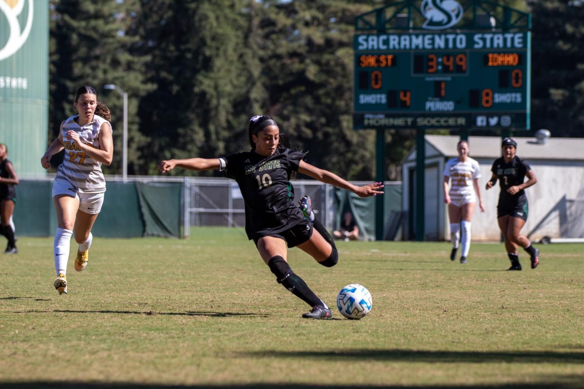 Junior midfielder Abigail Lopez winding up to launch the ball down the field against Idaho Sunday, Oct. 8, 2023. With 11 career goals, Lopez is only 2 goals away from earning a spot on Sac State’s all-time top 10 list. 