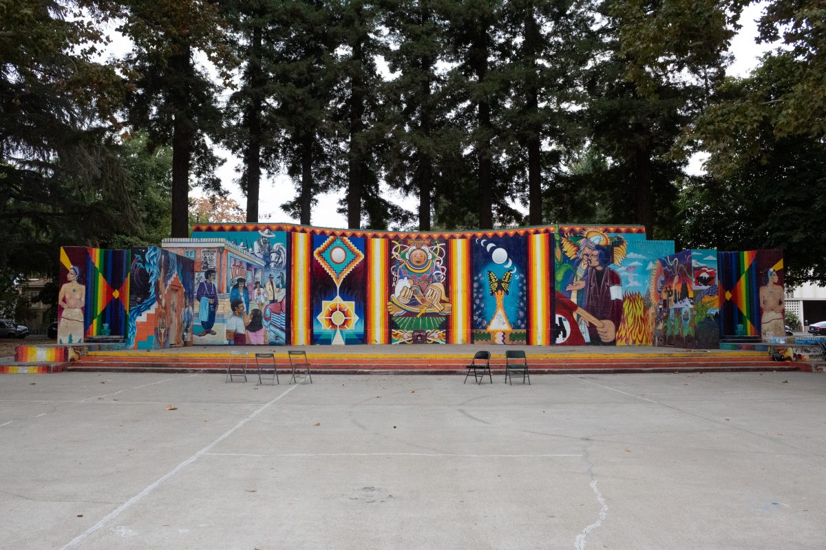 The+Southside+Park+Mural+sits+along+the+wall+of+the+park%E2%80%99s+amphitheater+Friday%2C+Oct.+13%2C+2023.+Originally+painted+by+members+of+the+Sacramento+artist+collective+Royal+Chicano+Air+Force+in+1977%2C+the+mural+was+restored+by+the+artists+in+2001.