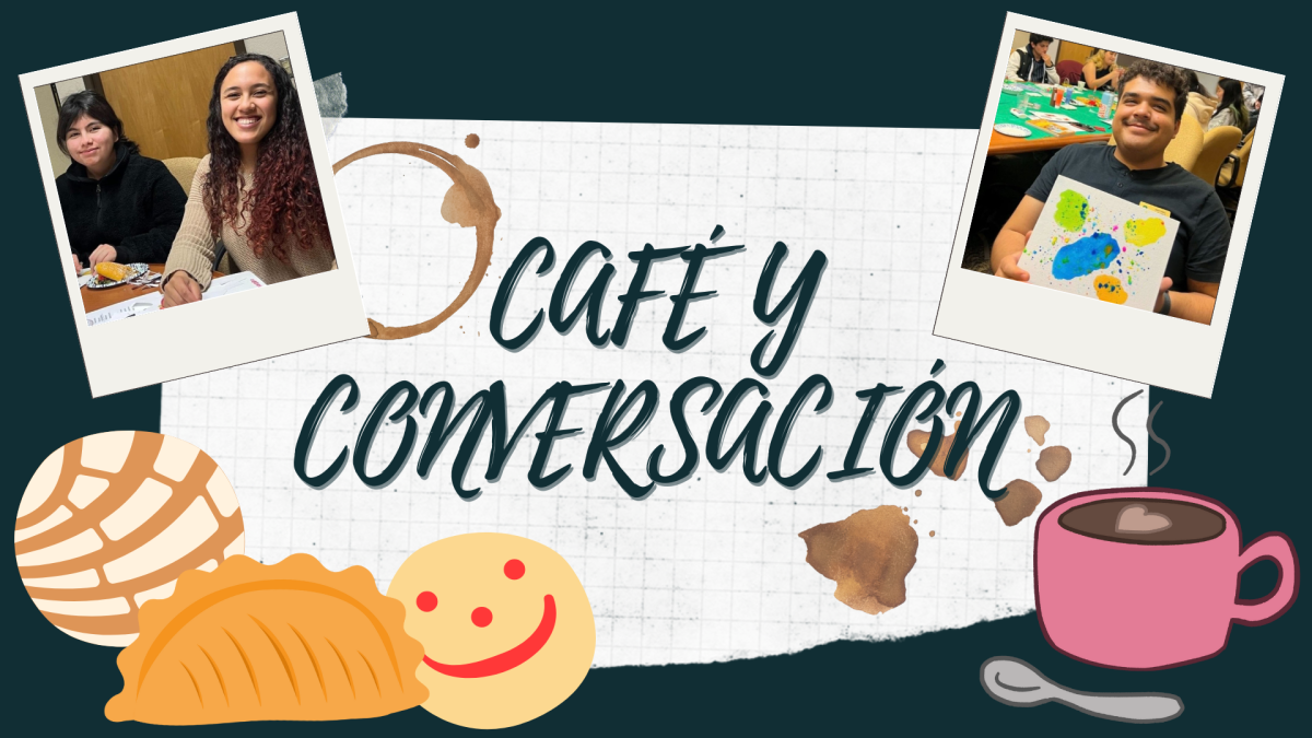 The Serna Center’s Café y Conversación bi-monthly series returns for the fall semester. At each meeting, attendees receive different Latin lunch items and coffee. (Photos courtesy of Serna Center Instagram. Graphic made in Canva by Jasmine Ascencio)