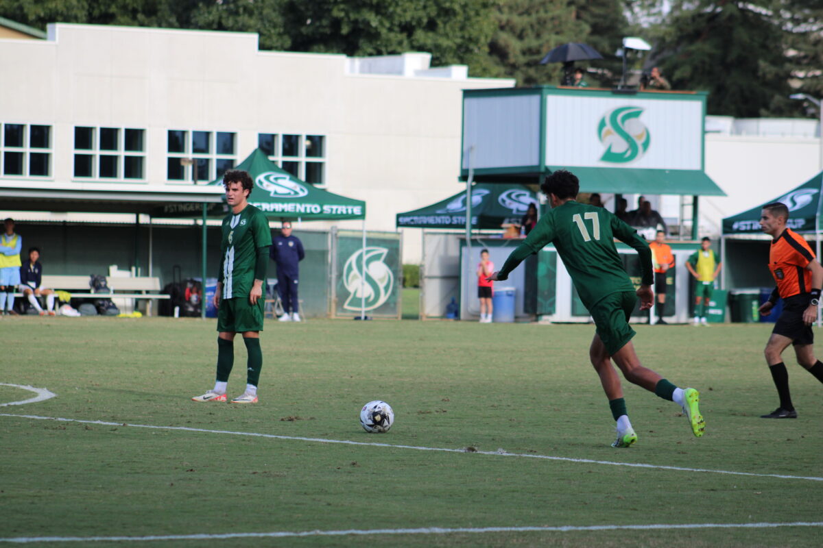 Sophomore midfielder Hasan Alsakati takes a free kick Saturday, Sept. 30, 2023 against UC San Diego. Alsakati had a team high of four shots on target against the Tritons.