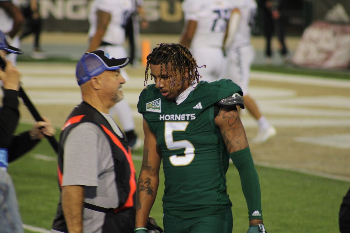 Sophomore wide receiver Devin Gandy walks on the sidelines after making his lone catch against Northern Arizona Sept. 30, 2023. Gandy missed most of his 2022 season rehabbing after a partially torn ACL, he suffered against Idaho State in 2021. (Credit: Malachi Parker)