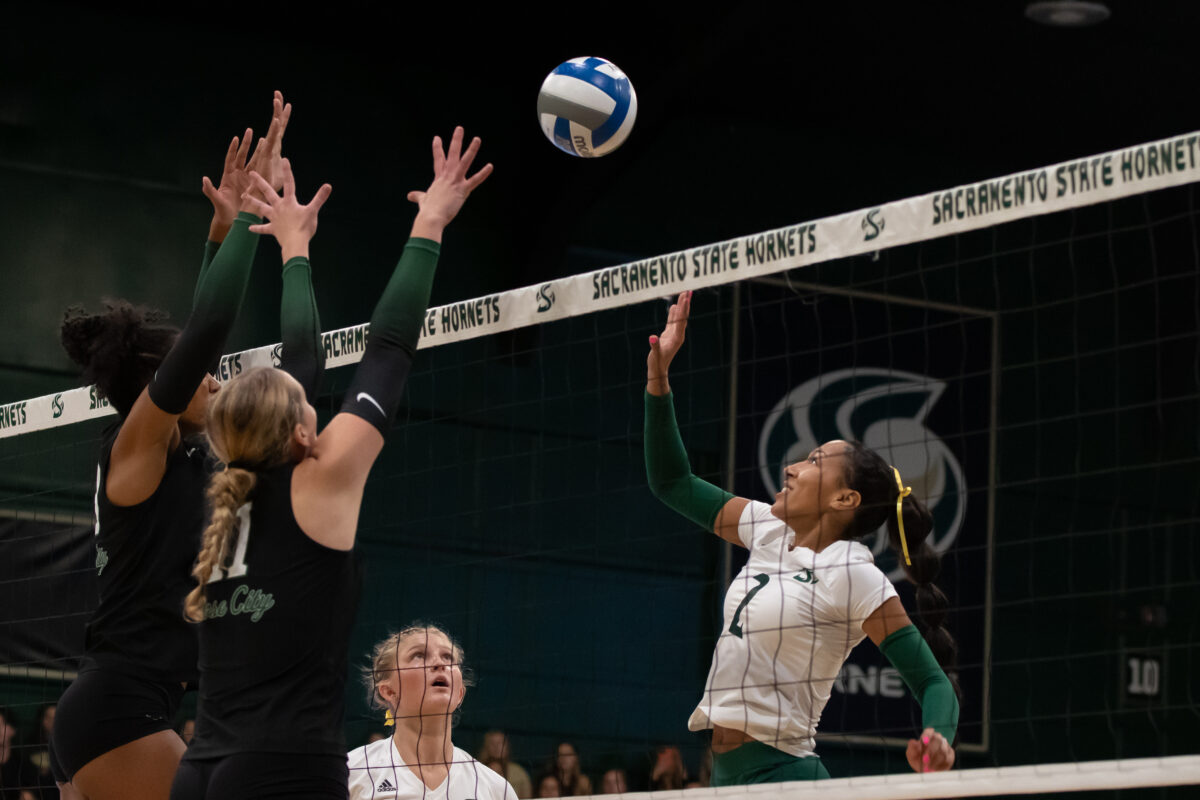 Reigning Big Sky Conference Defensive Player of the Week, senior middle blocker Kalani Hayes #2 going for a kill during the match up against Portland State Friday, Sept. 29, 2023. Hayes ended the day with 6 kills, 15 team assists and 5 blocks to help secure the win for the Hornets.