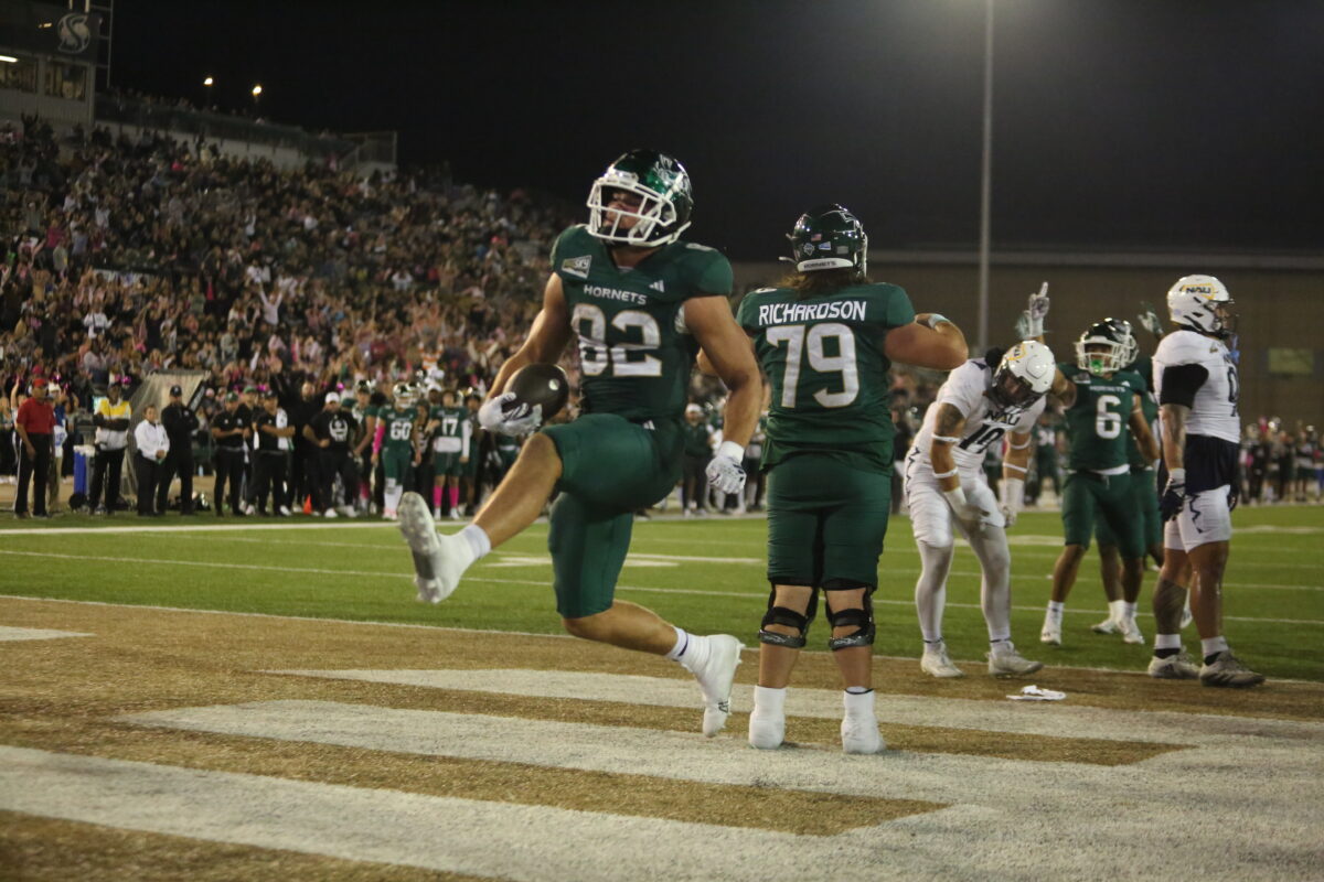 Sac State sophomore tight end Coleman Kuntz high steps after a touchdown Sept. 30, 2023. Kuntz’s 24-yard reception was the longest pass of the day for Sac State against Northern Colorado.