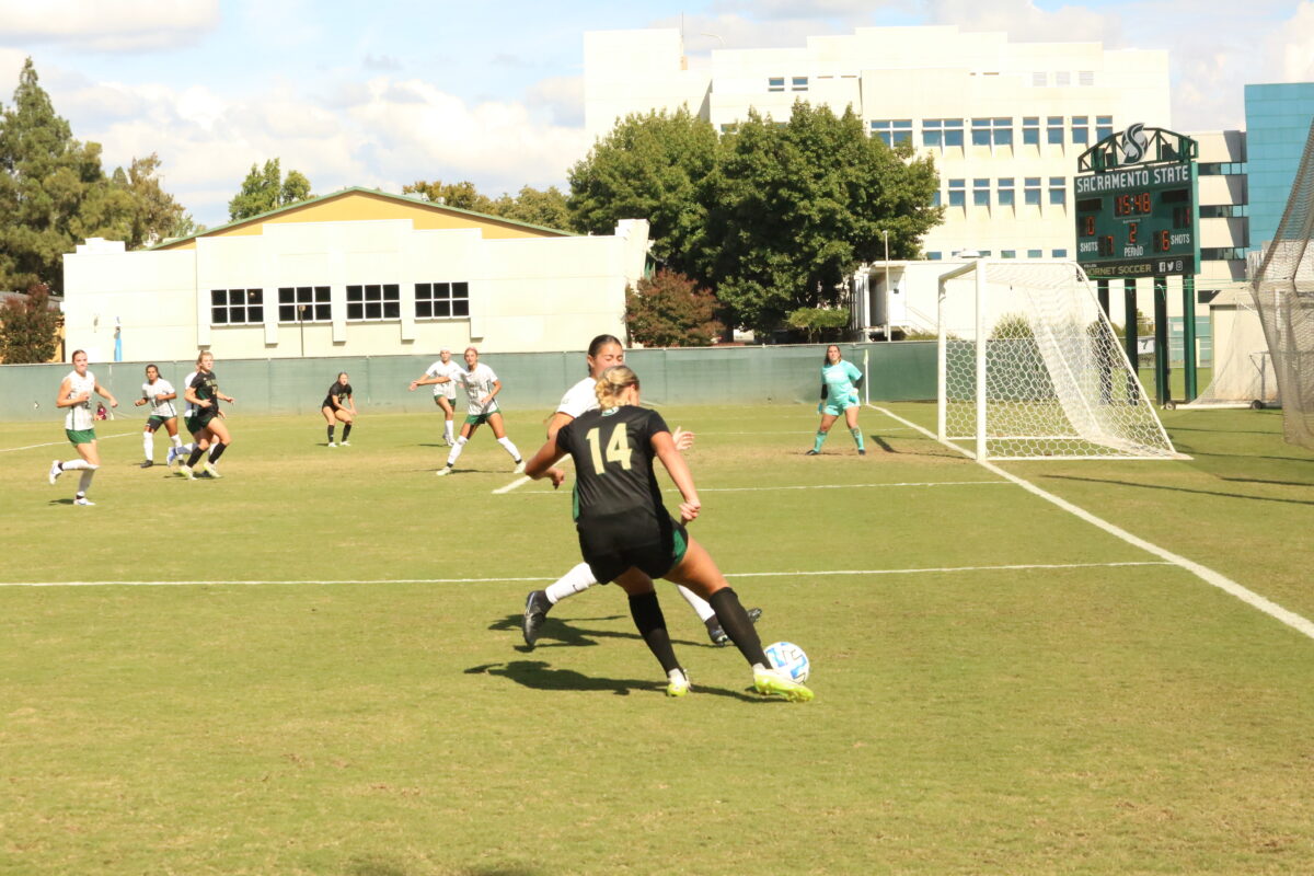 Junior forward Ariana Scholten gearing up to take a shot Oct. 1, 2023, against Portland State. Scholten scored her first goal this season and her first as a Hornet against Idaho State on Sunday.