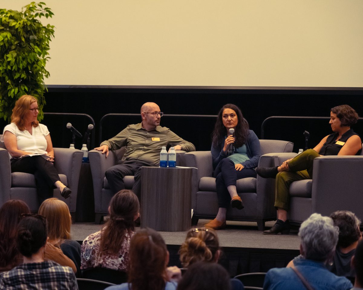 Professors Molly Dugan, Harvey Stark, Sahar Razavi and Jaime Jackson at the faculty roundtable Tuesday, Oct. 17, 2023. Each of the professors spoke on part of their area of expertise.