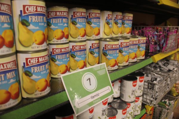 Mixed canned fruit and veggies on the shelves of the Associated Students, Inc. Food Pantry, Wednesday, Nov. 15, 2023. The food pantry provides both fresh produce and groceries, according to its website.