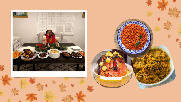 A few board members from the Nigerian Student Association share their dearest Thanksgiving memories and recipes. A brief glimpse into their holiday festivities reveals values and meaning that surpass the food and feast. (Photo Courtesy of Ozichukwu Opara. Graphic created in Canva by Maishia Sumpter) 