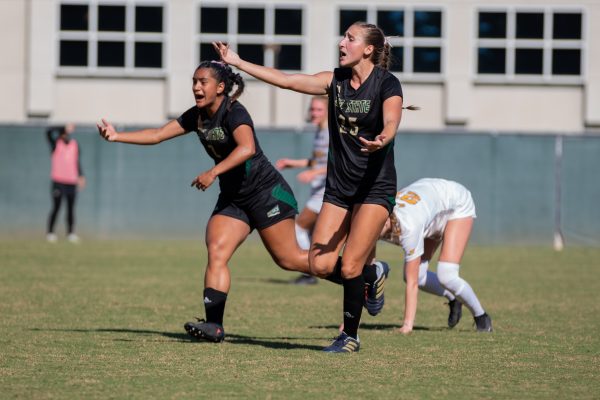 Sacramento State junior defender Isabella Vinsonhaler and junior midfielder Ali Fuamatu-Ma’afala protest a foul called against them on Sunday, Oct. 8, 2023 playing the Idaho Vandals. The Hornets had similar problems with the ref in the quarterfinals.