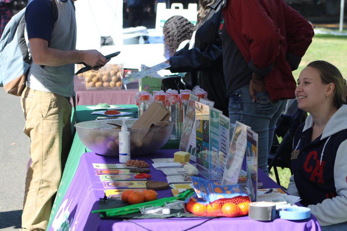 Sac State students visit some of the tables set up for the Hornet Hospitality event near the Library Quad, Wednesday, Nov. 8, 2023. Around 40% of undergraduates face food insecurity, according to a press release from the university.