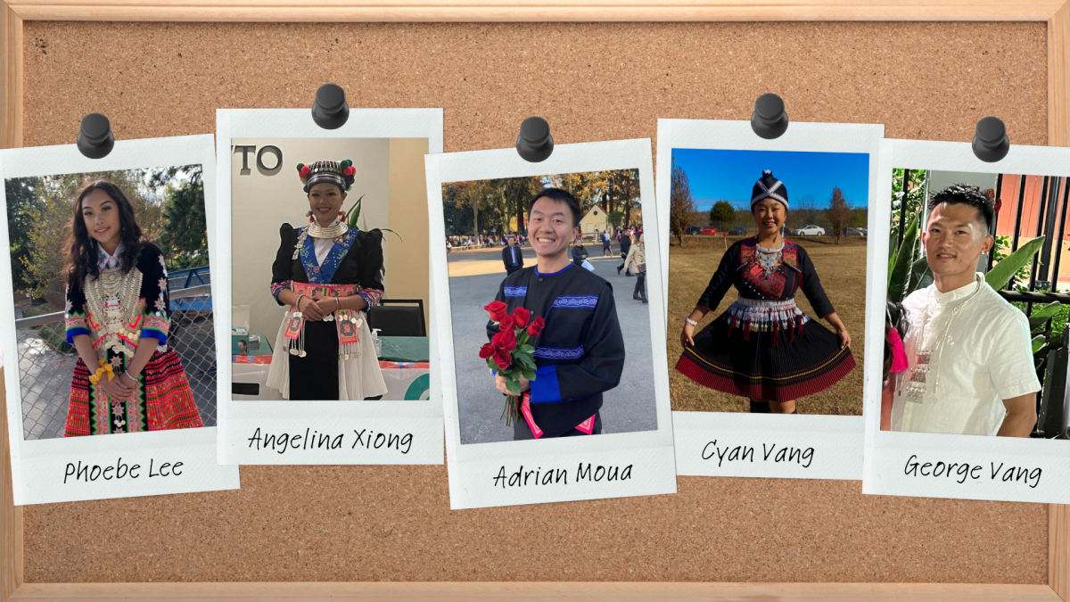 Hmong Sacramento State students representing their heritage by wearing Hmong clothing and accessories. There are many different styles of Hmong clothing that people don at Hmong New Year. (Photo courtesy of Phoebe Lee, Angelina Xiong, Adrian Moua, Cyan Vang and George Vang. Graphic made in Canva by Madison Duong.)
