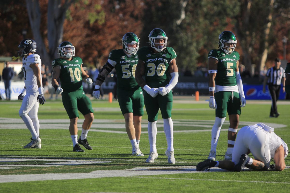 Senior linebacker Armon Bailey flexes after making a tackle against UC Davis Saturday, Nov. 19, 2022. Bailey leads the Hornets’ defense with 73 tackles in just nine games.