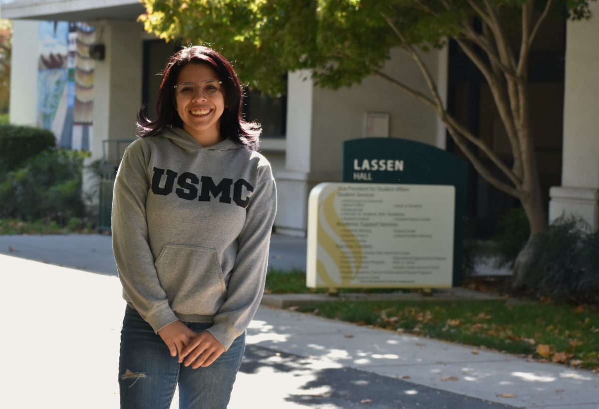Jennifer Gomez in front of Lassen Hall Wednesday, Nov. 8, 2023, where she works as an Education Benefits Advisor for Sac State’s Veterans Success Center. Gomez served four years in the Marine Corps as a field radio operator and is now pursuing a degree in communications at Sac State.