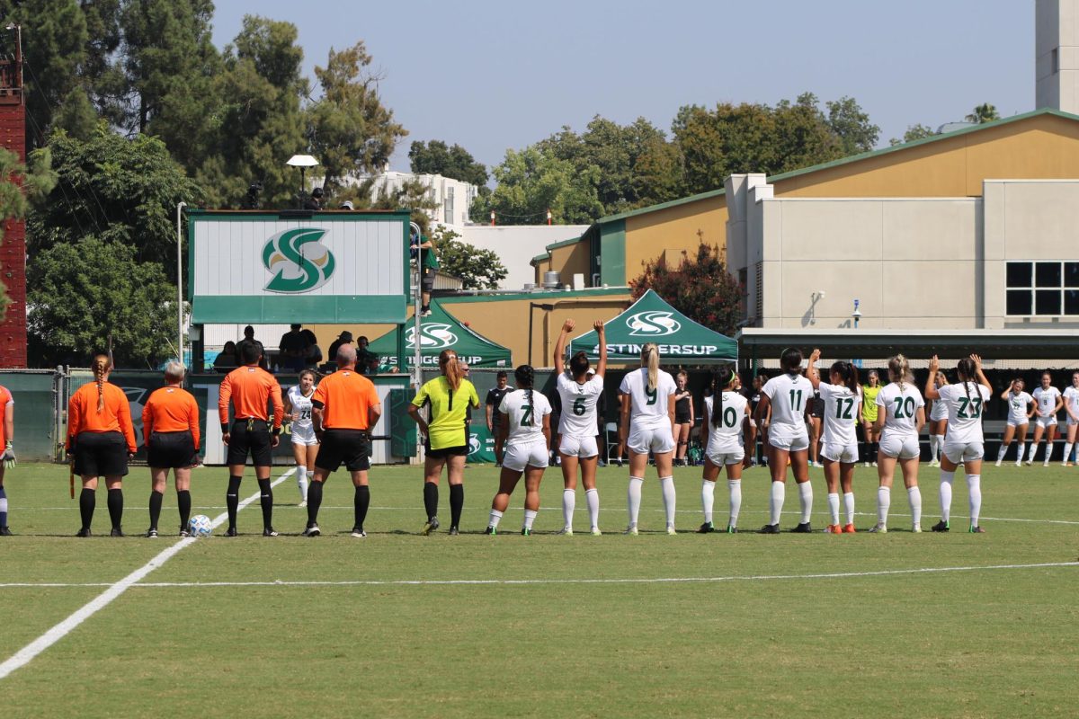 The Sacramento State women’s soccer team lining up before their first Big Sky conference game against Northern Arizona Friday, Sept. 22, 2023. They won that first game, but were unable to repeat their performance in the quarterfinals. 
