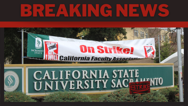 The Sacramento State sign covered with a banner at the on-campus CFA strike Jan. 22, 2024. The majority of CFA members voted in favor of the tentative agreement which extends into the upcoming academic term. (Photo by Alyssa Branum, Graphic created in Canva by Analah Wallace)