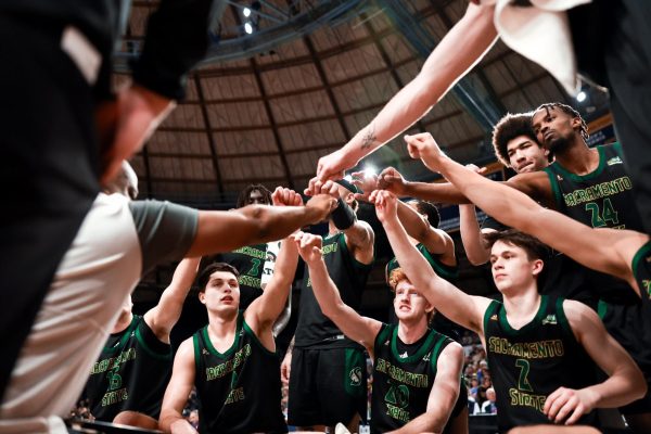 Sac State breaks out of a timeout prior to its win over the Montana State Bobcats in Bozeman, Montana Saturday, Feb. 24, 2024. This was the Hornets first win in Bozeman since 2021.