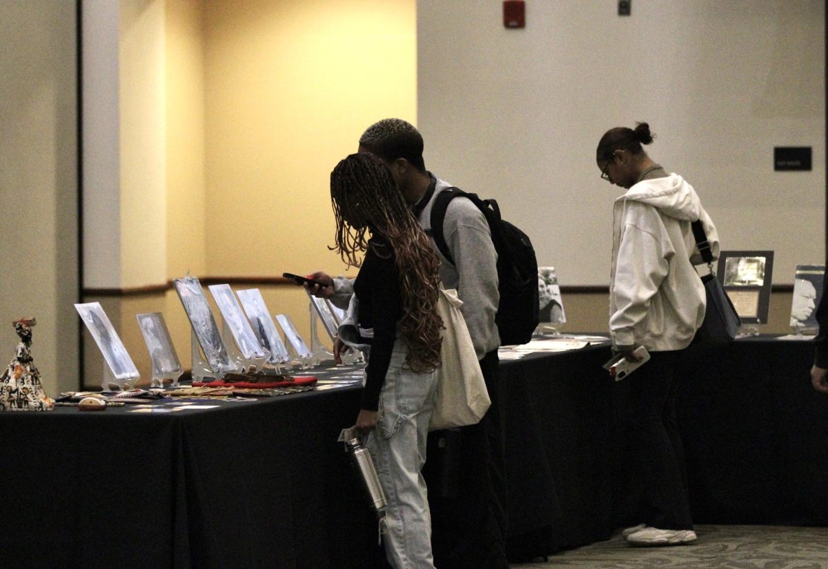 Students were led on a timeline of history told through the lens of historical artifacts in the University Union’s Ballroom, Thursday, Feb. 15, 2024. “The True Black History Museum” is a traveling history exhibit documenting the momentous achievements made by Black Americans.